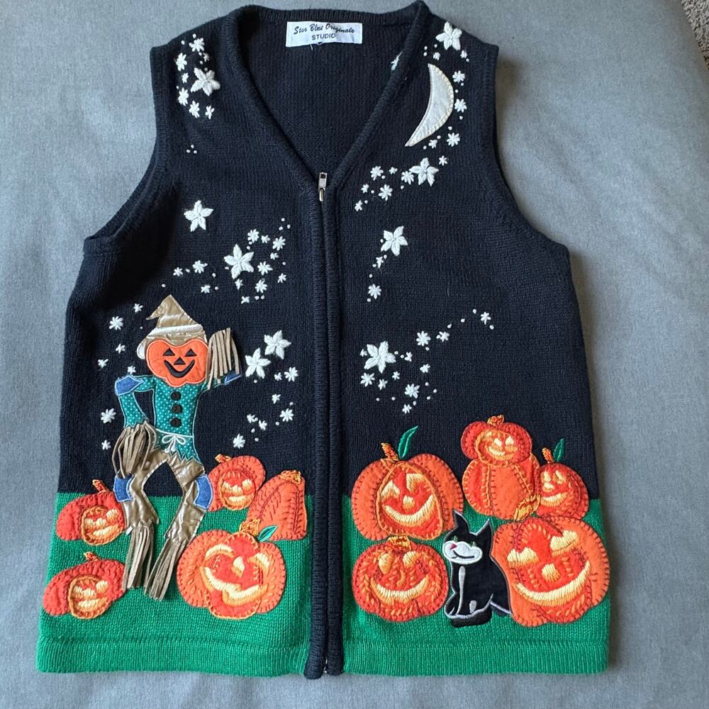 Vintage 90s Star Blue Originals Halloween Sweater Vest Pumpkin Cat Scarecrow Zip